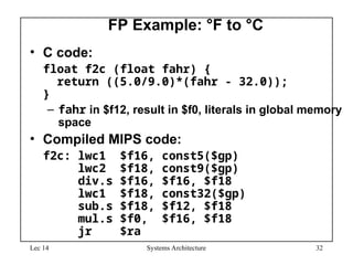 Lec 14 Systems Architecture 32
FP Example: °F to °C
• C code:
float f2c (float fahr) {
return ((5.0/9.0)*(fahr - 32.0));
}
– fahr in $f12, result in $f0, literals in global memory
space
• Compiled MIPS code:
f2c: lwc1 $f16, const5($gp)
lwc2 $f18, const9($gp)
div.s $f16, $f16, $f18
lwc1 $f18, const32($gp)
sub.s $f18, $f12, $f18
mul.s $f0, $f16, $f18
jr $ra
 