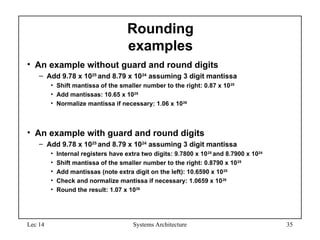 Lec 14 Systems Architecture 35
Rounding
examples
• An example without guard and round digits
– Add 9.78 x 1025
and 8.79 x 1024
assuming 3 digit mantissa
• Shift mantissa of the smaller number to the right: 0.87 x 1025
• Add mantissas: 10.65 x 1025
• Normalize mantissa if necessary: 1.06 x 1026
• An example with guard and round digits
– Add 9.78 x 1025
and 8.79 x 1024
assuming 3 digit mantissa
• Internal registers have extra two digits: 9.7800 x 1025
and 8.7900 x 1024
• Shift mantissa of the smaller number to the right: 0.8790 x 1025
• Add mantissas (note extra digit on the left): 10.6590 x 1025
• Check and normalize mantissa if necessary: 1.0659 x 1026
• Round the result: 1.07 x 1026
 