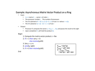 Example: Asynchronous Matrix Vector Product on a Ring
• Input:
• n x n matrix A ; vector x of order n
• The processor number i. The number of processors
• The ith submatrix B = A( 1:n, (i-1)r +1 ; ir) of size n x r where r = n/p
• The ith subvector w = x(i - 1)r + 1 : ir) of size r
• Output:
• Processor Pi computes the vector y = A1x1 + …. Aixi and passes the result to the right
• Upon completion P1 will hold the product Ax
Begin
1. Compute the matrix vector product z = Bw
2. If i = 1 then set y: = 0
else receive(y,left)
3. Set y: = y +z
4. send(y, right)
5. if i =1 then receive(y,left)
End
Tcomp = k(n2/p)
Tcomm = p(l+ mn)
T = Tcomp + Tcomm
= k(n2/p) + p(l+ mn)
 
