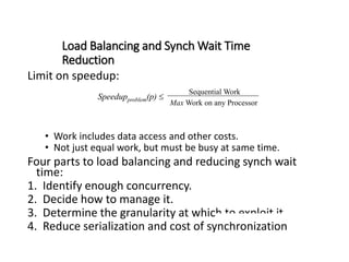 Load Balancing and Synch Wait Time
Reduction
Limit on speedup:
• Work includes data access and other costs.
• Not just equal work, but must be busy at same time.
Four parts to load balancing and reducing synch wait
time:
1. Identify enough concurrency.
2. Decide how to manage it.
3. Determine the granularity at which to exploit it
4. Reduce serialization and cost of synchronization
Sequential Work
Max Work on any Processor
Speedupproblem(p) 
 