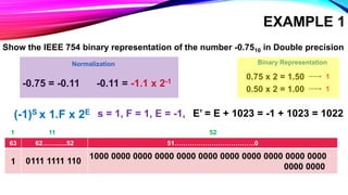 EXAMPLE 1
Show the IEEE 754 binary representation of the number -0.7510 in Double precision
Binary Representation
0.75 x 2 = 1.50 1
0.50 x 2 = 1.00 1
-0.75 = -0.11
Normalization
-0.11 = -1.1 x 2-1
(-1)S x 1.F x 2E s = 1, F = 1, E = -1, E’ = E + 1023 = -1 + 1023 = 1022
63 62……......52 51……………………………….0
1 111 1111 110
1 11 52
0
1000 0000 0000 0000 0000 0000 0000 0000 0000 0000 0000
0000 0000
 