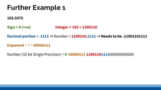 Further Example 1
102.9375
Sign = 0 (+ve) Integer = 102 = 1100110
Decimal portion = .1111 -> Number = 1100110.1111 -> Needs to be .11001101111
Exponent = 7 = 00000111
Number (32 bit Single Precision) = 0 00000111 11001101111000000000000
 