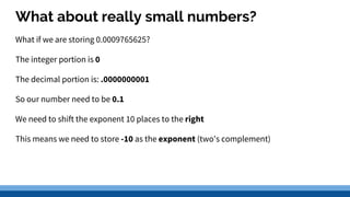 What about really small numbers?
What if we are storing 0.0009765625?
The integer portion is 0
The decimal portion is: .0000000001
So our number need to be 0.1
We need to shift the exponent 10 places to the right
This means we need to store -10 as the exponent (two's complement)
 