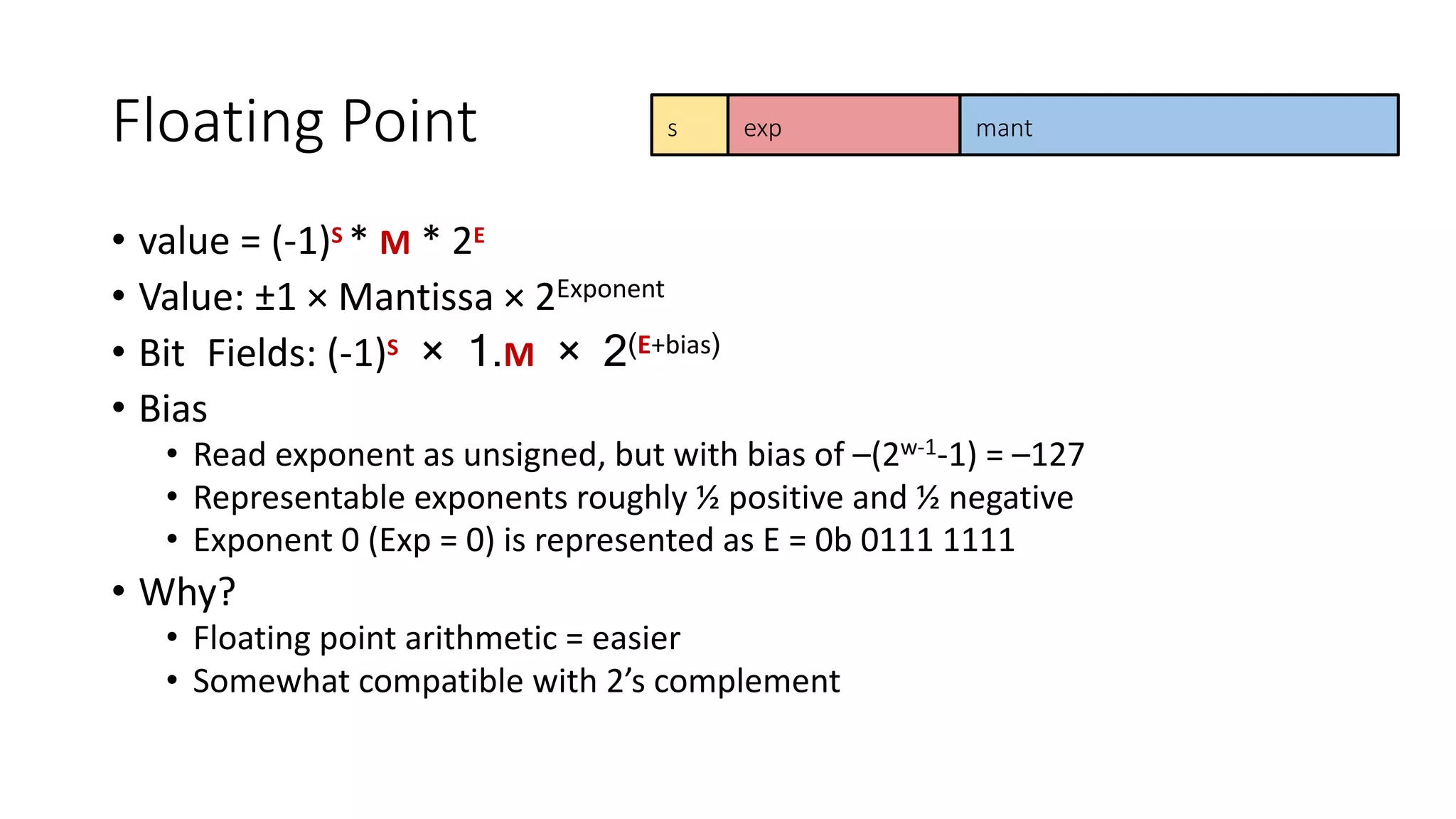 Floating Point
• value = (-1)S * M * 2E
• Value: ±1 × Mantissa × 2Exponent
• Bit Fields: (-1)S × 1.M × 2(E+bias)
• Bias
• Read exponent as unsigned, but with bias of –(2w-1-1) = –127
• Representable exponents roughly ½ positive and ½ negative
• Exponent 0 (Exp = 0) is represented as E = 0b 0111 1111
• Why?
• Floating point arithmetic = easier
• Somewhat compatible with 2’s complement
s exp mant
 