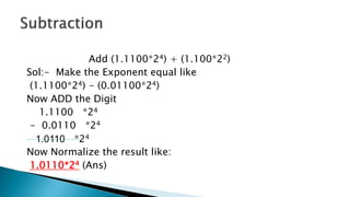 Add (1.1100*24) + (1.100*22)
Sol:- Make the Exponent equal like
(1.1100*24) - (0.01100*24)
Now ADD the Digit
1.1100 *24
- 0.0110 *24
1.0110 *24
Now Normalize the result like:
1.0110*24 (Ans)