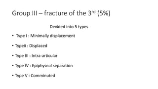 Group III – fracture of the 3rd (5%)
Devided into 5 types
• Type I : Minimally displacement
• Typeii : Displaced
• Type III : Intra-articular
• Type IV : Epiphyseal separation
• Type V : Comminuted
 