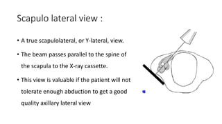 Scapulo lateral view :
• A true scapulolateral, or Y-lateral, view.
• The beam passes parallel to the spine of
the scapula to the X-ray cassette.
• This view is valuable if the patient will not
tolerate enough abduction to get a good
quality axillary lateral view
 