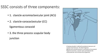 SSSC consists of three components:
• 1. clavicle-acromioclavicular joint (ACJ)
• 2. clavicle-coracoclavicular (CC)
ligamentous coracoid
• 3. the three process scapular body
junction
A floating shoulder is defined by ipsilateral clavicular and
scapular neck fractures. The distal fragment
(glenoid and coracoid process) is connected to the proximal
fragment (acromion, scapular spine and body) by the
coracoclavicular and coracoacromial ligaments.
 
