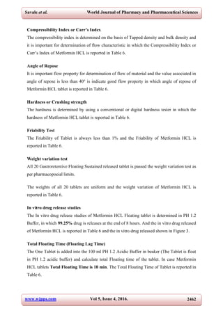 www.wjpps.com Vol 5, Issue 4, 2016. 2462
Savale et al. World Journal of Pharmacy and Pharmaceutical Sciences
Compressibility Index or Carr’s Index
The compressibility index is determined on the basis of Tapped density and bulk density and
it is important for determination of flow characteristic in which the Compressibility Index or
Carr’s Index of Metformin HCL is reported in Table 6.
Angle of Repose
It is important flow property for determination of flow of material and the value associated in
angle of repose is less than 40° is indicate good flow property in which angle of repose of
Metformin HCL tablet is reported in Table 6.
Hardness or Crushing strength
The hardness is determined by using a conventional or digital hardness tester in which the
hardness of Metformin HCL tablet is reported in Table 6.
Friability Test
The Friability of Tablet is always less than 1% and the Friability of Metformin HCL is
reported in Table 6.
Weight variation test
All 20 Gastroretentive Floating Sustained released tablet is passed the weight variation test as
per pharmacopoeial limits.
The weights of all 20 tablets are uniform and the weight variation of Metformin HCL is
reported in Table 6.
In vitro drug release studies
The In vitro drug release studies of Metformin HCL Floating tablet is determined in PH 1.2
Buffer, in which 99.25% drug is releases at the end of 8 hours. And the in vitro drug released
of Metformin HCL is reported in Table 6 and the in vitro drug released shown in Figure 3.
Total Floating Time (Floating Lag Time)
The One Tablet is added into the 100 ml PH 1.2 Acidic Buffer in beaker (The Tablet is float
in PH 1.2 acidic buffer) and calculate total Floating time of the tablet. In case Metformin
HCL tablets Total Floating Time is 10 min. The Total Floating Time of Tablet is reported in
Table 6.
 