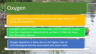 Oxygen
Submerged photosynthesising plants and algae release O2
during photosynthesis.
Emergent plants bring O2 to the roots, but O2 delivery usually
matches respiration requirements, so there is little net input
into the water column.
Oxygen depletion is likely due to the higher rate of
microbiological activity associated with plant roots.
 