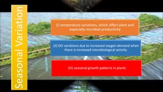Seasonal
Variation (i) temperature variations, which affect plant and
especially microbial productivity
(ii) DO variations due to increased oxygen demand when
there is increased microbiological activity
(iii) seasonal growth patterns in plants
 