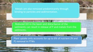 Metals are also removed predominantly through
binding to particles and sedimentation.
Reduced DO in the basin and disturbance of the
sediments can result in release of P and metals from the
sediments.
Plant uptake only accounts for up to 6% of nutrient (N and
P) removal in FTWs
 