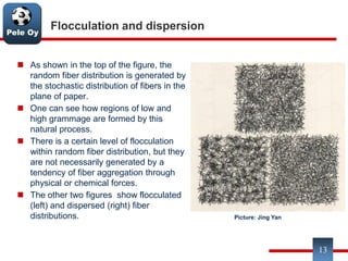 Pele Oy
Flocculation and dispersion
 As shown in the top of the figure, the
random fiber distribution is generated by
the stochastic distribution of fibers in the
plane of paper.
 One can see how regions of low and
high grammage are formed by this
natural process.
 There is a certain level of flocculation
within random fiber distribution, but they
are not necessarily generated by a
tendency of fiber aggregation through
physical or chemical forces.
 The other two figures show flocculated
(left) and dispersed (right) fiber
distributions.
13
Picture: Jing Yan
 
