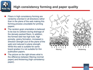 Pele Oy
High consistency forming and paper quality
 Fibers in high consistency forming are
randomly oriented in all directions rather
than in the plane of the web making this
forming process unsuitable for printing
papers.
 The random grain orientation is believed
to be due to collision during drainage of
the densely packed fibers. In addition,
the formed web has high bulk, high
porosity, grainy formation, increased z-
direction strength (out of the plane of the
web) and reduced in-plane strength.
While this web is suitable for some
board grades it is not suitable for thin
publication papers.
 The picture on the right shows what is
the difference between filtering (normal
paper) and thickening (high consistency
paper).
29
 