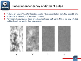 Pele Oy
Flocculation tendency of different pulps
 Pictures of Huawei Yan after headbox nozzle. Fiber concentration 5 g/l, flow speed 8 m/s.
 A = BSKP, B = BHKP, C = TMP and D = SGW.
 Formation of groundwood fibers is best and softwood kraft worst. This is not only effected
by fiber length but also by fiber coarseness.
8
 