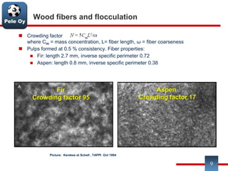 Pele Oy
 Crowding factor
where Cm = mass concentration, L= fiber length, ω = fiber coarseness
 Pulps formed at 0.5 % consistency. Fiber properties:
 Fir: length 2.7 mm, inverse specific perimeter 0.72
 Aspen: length 0.8 mm, inverse specific perimeter 0.38
Wood fibers and flocculation
9
Picture: Kerekes et Schell , TAPPI Oct 1994
Fir
Crowding factor 95
Aspen
Crowding factor 17
 