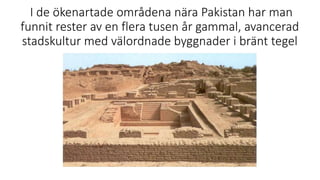 I de ökenartade områdena nära Pakistan har man
funnit rester av en flera tusen år gammal, avancerad
stadskultur med välordnade byggnader i bränt tegel
 