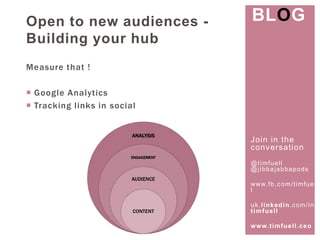 Join in the 
conversat ion 
@t imfuel l 
@j ibbajabbapods 
www. fb.com/ t imfuel 
l 
uk. l inkedin.com/ in/ 
t imfuel l 
www. t imfuel l .ceo 
Open to new audiences - 
Building your hub 
Measure that ! 
 Google Analytics 
 Tracking l inks in social 
BLOG 
ANALYSIS 
ENGAGEMENT 
AUDIENCE 
CONTENT 
 