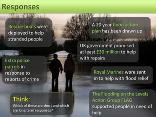 Responses
Rescue boats were
deployed to help
stranded people
Royal Marines were sent
in to help with flood relief
UK government promised
at least £30 million to help
with repairs
The Flooding on the Levels
Action Group FLAG
supported people in need of
help
Extra police
patrols in
response to
reports of crime
A 20 year flood action
plan has been drawn up
Think:
Which of these are short and which
are long term responses?
 