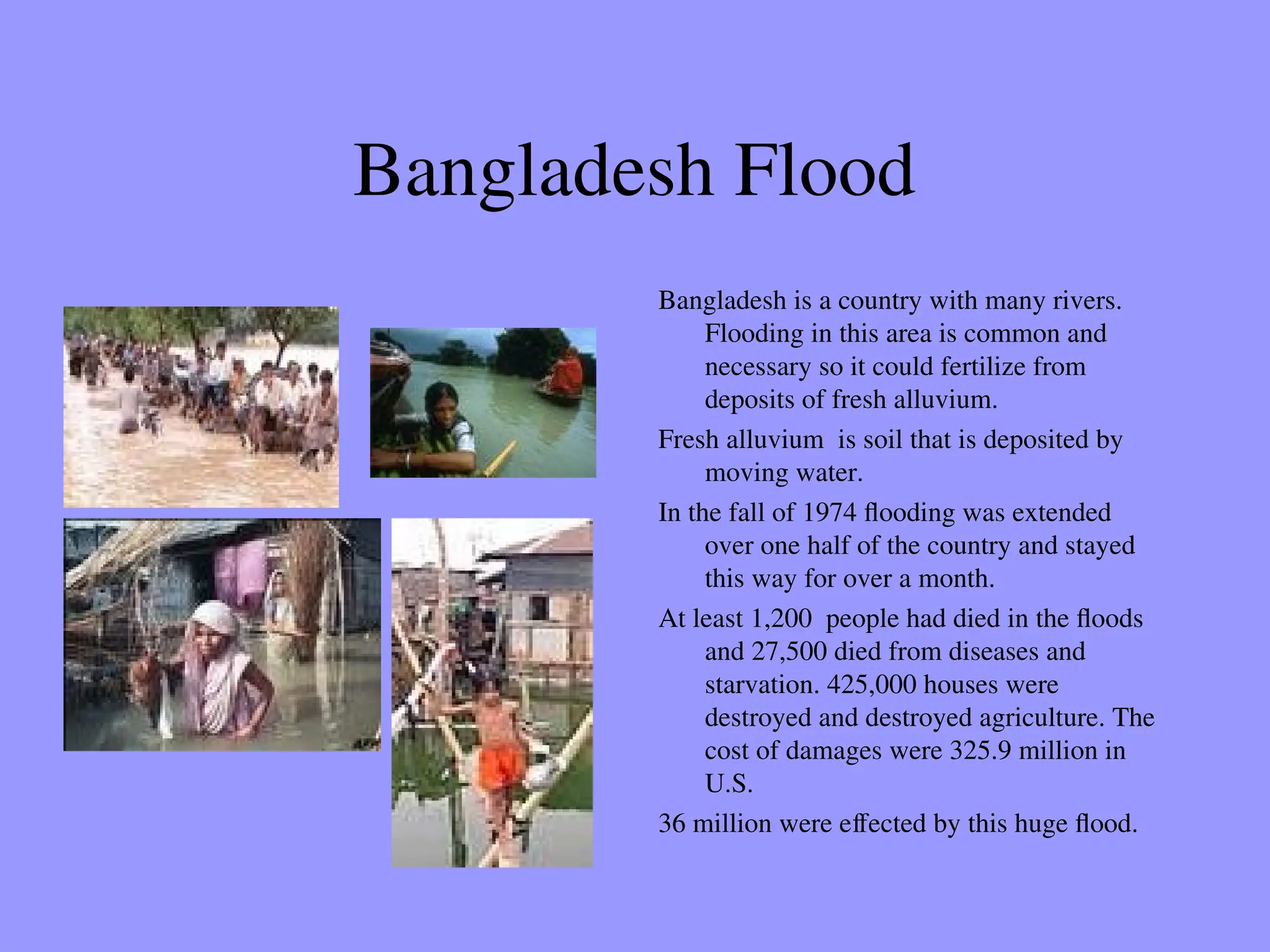Bangladesh Flood
Bangladesh is a country with many rivers.
Flooding in this area is common and
necessary so it could fertilize from
deposits of fresh alluvium.
Fresh alluvium is soil that is deposited by
moving water.
In the fall of 1974 flooding was extended
over one half of the country and stayed
this way for over a month.
At least 1,200 people had died in the floods
and 27,500 died from diseases and
starvation. 425,000 houses were
destroyed and destroyed agriculture. The
cost of damages were 325.9 million in
U.S.
36 million were effected by this huge flood.
 