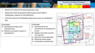 Redevelopment
More Stringent Requirements for Infill Development
This option will address flooding of:
Yard Road Structural Floodplain
   
• Detain 2.5 inches from new impervious area
• Extend the limit of overland relief review and if relief is
inadequate, require on-site detention
• Limit the amount of allowable impervious cover on residential
lots
Advantages
1) Development helps fund
improvements
2) Reduces cumulative impact of
development
Challenges
1) Improvements are
incremental as development
occurs
2) Applies only when permits
are required
3) Space for onsite detention
4) Releasing stored water
5) Homeowner maintenance
11
 