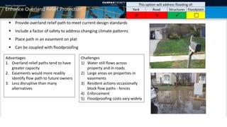 Existing Development
Enhance Overland Relief Protection
 Provide overland relief path to meet current design standards
 Include a factor of safety to address changing climate patterns
 Place path in an easement on plat
 Can be coupled with floodproofing
This option will address flooding of:
Yard Road Structures Floodplain
   
Advantages
1. Overland relief paths tend to have
greater capacity
2. Easements would more readily
identify flow path to future owners
3. Less disruptive than many
alternatives
Challenges
1) Water still flows across
property and in roads
2) Large areas on properties in
easements
3) Resident actions occasionally
block flow paths - fences
4) Enforcement
5) Floodproofing costs vary widely
6
 