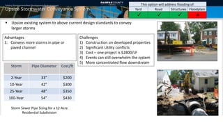 Existing Development/New Development/Redevelopment
Upsize Stormwater Conveyance System
This option will address flooding of:
Yard Road Structures Floodplain
   
 Upsize existing system to above current design standards to convey
larger storms
Advantages
1. Conveys more storms in pipe or
paved channel
Challenges
1) Construction on developed properties
2) Significant Utility conflicts
3) Cost – one project is $2800/LF
4) Events can still overwhelm the system
5) More concentrated flow downstream
Storm Pipe Diameter Cost/ft
.
2-Year 33” $200
10-Year 42” $300
25-Year 48” $350
100-Year 54” $430
Storm Sewer Pipe Sizing for a 12-Acre
Residential Subdivision
8
 