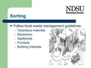 Sorting Follow local waste management guidelines Hazardous materials Electronics Appliances Furniture Building materials 