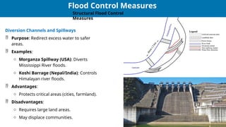 27
27
Flood Control Measures
Structural Flood Control
Measures
Diversion Channels and Spillways
 Purpose: Redirect excess water to safer
areas.
 Examples:
o Morganza Spillway (USA): Diverts
Mississippi River floods.
o Koshi Barrage (Nepal/India): Controls
Himalayan river floods.
 Advantages:
o Protects critical areas (cities, farmland).
 Disadvantages:
o Requires large land areas.
o May displace communities.
 