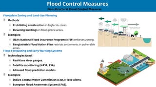29
29
Flood Control Measures
Non-Structural Flood Control Measures
Floodplain Zoning and Land-Use Planning
 Methods:
o Prohibiting construction in high-risk zones.
o Elevating buildings in flood-prone areas.
 Examples:
o USA’s National Flood Insurance Program (NFIP) enforces zoning.
o Bangladesh’s Flood Action Plan restricts settlements in vulnerable
areas.
Flood Forecasting and Early Warning Systems
 Technologies Used:
o Real-time river gauges.
o Satellite monitoring (NASA, ESA).
o AI-based flood prediction models.
 Examples:
o India’s Central Water Commission (CWC) Flood Alerts.
o European Flood Awareness System (EFAS).
 
