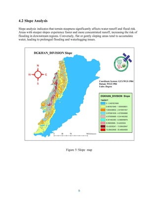 9
4.2 Slope Analysis
Slope analysis indicates that terrain steepness significantly affects water runoff and flood risk.
Areas with steeper slopes experience faster and more concentrated runoff, increasing the risk of
flooding in downstream regions. Conversely, flat or gently sloping areas tend to accumulate
water, leading to prolonged flooding and waterlogging issues.
Figure 5: Slope map
 