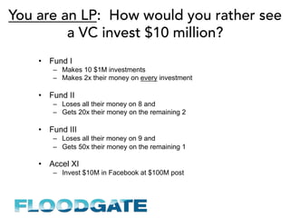 You are an LP: How would you rather see
a VC invest $10 million?
•  Fund I
–  Makes 10 $1M investments
–  Makes 2x their money on every investment
•  Fund II
–  Loses all their money on 8 and
–  Gets 20x their money on the remaining 2
•  Fund III
–  Loses all their money on 9 and
–  Gets 50x their money on the remaining 1
•  Accel XI
–  Invest $10M in Facebook at $100M post
 