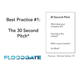 Best Practice #1:
The 30 Second
Pitch*
What does your
company do?
How big is the
market?
What is your traction?
So What?
30 Second Pitch
*Source: Michael Seibel, YC
 