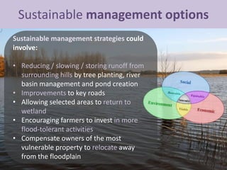 Sustainable management options
Sustainable management strategies could
involve:
• Reducing / slowing / storing runoff from
surrounding hills by tree planting, river
basin management and pond creation
• Improvements to key roads
• Allowing selected areas to return to
wetland
• Encouraging farmers to invest in more
flood-tolerant activities
• Compensate owners of the most
vulnerable property to relocate away
from the floodplain
 
