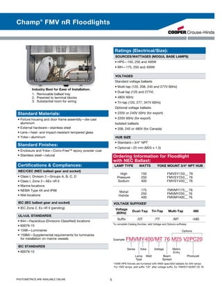 Standard Materials:
• Fixture housing and door frame assembly—die-cast
aluminum
• External hardware—stainless steel
• Lens—heat- and impact-resistant tempered glass
• Yoke—aluminum
Standard Finishes:
• Enclosure and Yoke—Corro-Free™ epoxy powder coat
• Stainless steel—natural
Certifications  Compliances:
NEC/CEC (NEC ballast gear and socket)
• Class I, Division 2—Groups A, B, C, D
• Class I, Zone 2—AEx nR II
• Marine locations
• NEMA Type 4X and IP66
• Wet locations
IEC (IEC ballast gear and socket)
• IEC Zone 2, Ex nR II (pending)
UL/cUL STANDARDS
• 844—Hazardous (Divisions Classified) locations
• 60079-15
• 1598—Luminaires
• 1598A—Supplemental requirements for luminaires
	 for installation on marine vessels
IEC STANDARDS
• 60079-15
Ratings (Electrical/Size):
Sources/Wattages (Mogul Base Lamps)
• HPS—150, 250 and 400W
• MH—175, 250 and 400W
Voltages
Standard voltage ballasts
• Multi-tap (120, 208, 240 and 277V 60Hz)
• Dual-tap (120 and 277V)
• 480V 60Hz
• Tri-tap (120, 277, 347V 60Hz)
Optional voltage ballasts
• 220V or 240V 50Hz (for export)
• 220V 60Hz (for export)
Isolated ballasts
• 208, 240 or 480V (for Canada)
Hub Size
• Standard—3/4 NPT
• Optional—25 mm (M25 x 1.5)
Ordering Information for Floodlight
with NEC Ballast:
Lamp Type Watts Yoke mount 3/4 NPT HUB
High
Pressure
Sodium
150
250
400
FMVSy150__ 76
FMVSy250__ 76
FMVSy400__ 76
Metal
Halide
175
250
400
FMVmy175__ 76
FMVmy250__ 76
FMVmy400__ 76
Voltage Suffixes†
Voltage
(60Hz)
Dual-Tap Tri-Tap Multi-Tap 480
Suffix /DT /TT /MT /480
To complete Catalog Number, add Voltage and Options suffix(es).
†
150W HPS fixtures are furnished with ANSI spec/S55 ballasts for 55V lamps.
For 100V lamps, add suffix CE after voltage suffix. Ex: FMVSY150/MT CE 76
Example: FMVMY400/MT 76 M25 V2PC20
Series
Lamp
Type
Yoke
Watt
Voltage
Beam
Spread
Metric
Entry
Photocell
Options
5Photometrics are available online
Champ®
FMV nR Floodlights
Industry Best for Ease of Installation:
1. Removable ballast tray
2. Prewired to terminal blocks
3. Substantial room for wiring
 