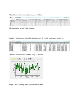 The attribute table of crossection may seem as like as ,
Maximum thing are null value showing .
Step10 : : Ras Geometry,Xs cut line attributes , all , ok .Now it can be seem asa like as .
The cross section become as like as using this tool .
Step11: : Ras Geometry,export ras data for HEC-RAS.
 