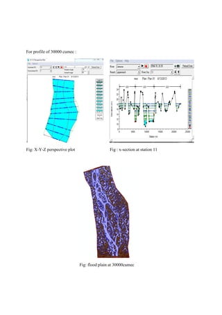 For profile of 30000 cumec :
Fig: X-Y-Z perspective plot Fig : x-section at station 11
Fig: flood plain at 30000cumec
 