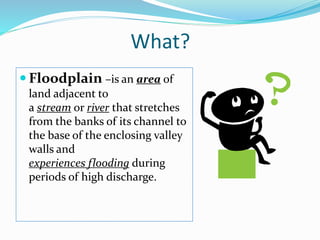 What?
 Floodplain –is an area of
land adjacent to
a stream or river that stretches
from the banks of its channel to
the base of the enclosing valley
walls and
experiences flooding during
periods of high discharge.

 