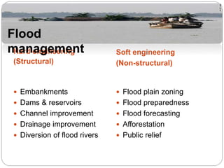Hard engineering
(Structural)
Soft engineering
(Non-structural)
 Embankments
 Dams & reservoirs
 Channel improvement
 Drainage improvement
 Diversion of flood rivers
 Flood plain zoning
 Flood preparedness
 Flood forecasting
 Afforestation
 Public relief
Flood
management
 