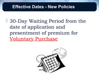 Effective Dates - New Policies

 30-Day Waiting Period from the
date of application and
presentment of premium for
Voluntary Purchase

 
