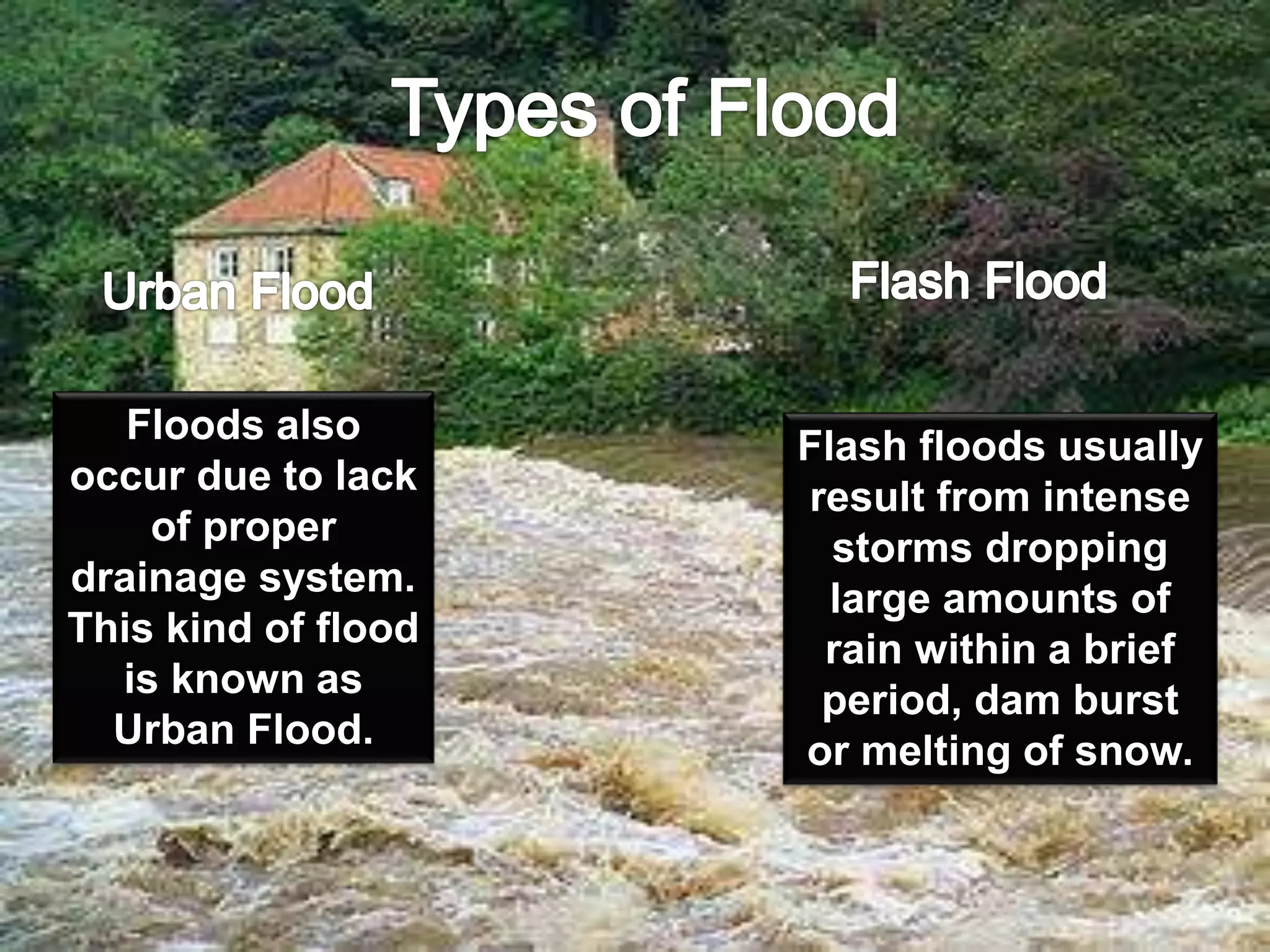 Flash floods usually
result from intense
storms dropping
large amounts of
rain within a brief
period, dam burst
or melting of snow.
Floods also
occur due to lack
of proper
drainage system.
This kind of flood
is known as
Urban Flood.
 