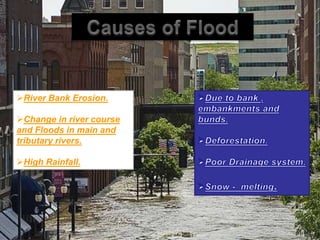 River Bank Erosion.
Change in river course
and Floods in main and
tributary rivers.
High Rainfall.
 