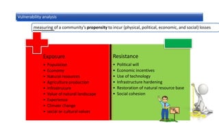 measuring of a community’s propensity to incur (physical, political, economic, and social) losses
Exposure
• Population
• Economy
• Natural resources
• Agriculture production
• Infrastrucure
• Value of natural landscape
• Experience
• Climate change
• social or cultural values
Resistance
• Political will
• Economic incentives
• Use of technology
• Infrastructure hardening
• Restoration of natural resource base
• Social cohesion
Vulnerability analysis
 