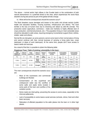Northern Regions. Flood Risk Management Plan 2011
Prepared by: Architect Carlos V. Tamayo, Geographer Félix D. Hernández, Geographer Armando C. Muñiz , Architect Abel Gil Page 242
The above – normal and/or high inflows in the Cuvelai basin or the combination of both
natural phenomenon is a potential threat to the area, which experienced the worst flood
disasters during last period as part of the global climate change.
h) What will be the consequences should the scenario occur?
The flood disasters cause damages and losses to the public and private sectors (public
health and education facilities, housing business, infrastructure and others). The most
terrible is the loss of human lives due to drowning and attack by wild life animals. The
productive sector (agriculture, commerce – trade and markets) is highly affected (lost of
crops production, commercial products, etc.). The population living on most vulnerable areas
should be relocated to safer areas, requiring emergency humanitarian support (food, clothes,
shelter, water and others).
Normal life are disrupted, as some persons cannot come back to their normal place of living
and cannot continue with their normal business of carrying a living (jobs loss, crops
destroyed, or place of work destroyed). At the same time, people don’t have access to
basics needs and services.
As a result of that fact, is possible to obtain the following table:
Ongdanwa Town. Table of existing vulnerability in the town:
Total
surface of
settlement
Total of
housing
Total
population
Kind of
hazards
Hazard
level
Vulnerability
surface
Vulnerability
population
Vulnerability
household
Ha. # Hab. XXX
High /
Middle Ha. % Hab. % # %
1 305,0 8 823,0 45 000
Storm
water
flooding
High 313,2 24,0
10
125,0
22,5 1 941,0 22,0
Middle 274,1 21,0 9 225,0 20,5 1 782,2 20,2
1 305,0 8 823,0 45 000 Drought
High 561,2 43,0
18
900,0
42,0 3 573,3 40,5
Middle ------ ----- ----- ----- ------ -----
The main consequences should the scenario occur
are:
- Most of the businesses and commercial
buildings are flooded.
- Contamination of the superficial and
underground water due the overflow of
some wells and septic tanks located in
some parts of the town and overflow of the
oxidation ponds.
- Some roads are interrupting, preventing the access to some areas, especially to the
informal settlements.
- Lack of accessibility to some basics social services (schools, clinics, food and other
basic services).
- Relocation of affected population to the safer places into the town or in other high
places.
 