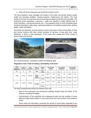 Northern Regions. Flood Risk Management Plan 2011
Prepared by: Architect Carlos V. Tamayo, Geographer Félix D. Hernández, Geographer Armando C. Muñiz , Architect Abel Gil Page 252
j) What will be the consequences should the scenario occur?
The flood disasters cause damages and losses to the public and private sectors (public
health and education facilities, housing business, infrastructure and others). The most
terrible is the loss of human lives due to drowning and attack by wild life and crocodiles. The
productive sector (agriculture, commerce – trade and markets) is highly affected (lost of
crops production, commercial products, etc.). The population living on most vulnerable areas
should be relocated to safer areas, requiring emergency humanitarian support (food, clothes,
shelter, water and others).
Normal life are disrupted, as some persons cannot come back to their normal place of living
and cannot continue with their normal business of carrying a living (jobs loss, crops
destroyed, or place of work destroyed). At the same time, people don’t have access to
basics needs and services.
As a result of that fact, is possible to obtain the following table:
Ongwediva Town. Table of existing vulnerability in the town:
Total
surface of
settlement
Total of
housing
Total
population
Kind of
hazards
Hazard
level
Vulnerability
surface
Vulnerability
population
Vulnerability
household
Ha. # Hab. XXX
High /
Middle Ha. % Hab. % # %
2 896 4 379,0 27 000,0 Storm
water
flooding
High
347.5 12,0
1
000,0
4,0 189,0 4,0
Middle
463.4 16,0 2 500,0 9,0 472,0 11,0
2 896 4 379,0 27 000,0
Drought
High
1 361,1 47,0
10
530,0
39,0 919,6 21,0
Middle
------ ------ ------ ------ ------ ------
The main consequences should the scenario occur are:
- Most of the businesses and commercial buildings located along the border of the
oshanas, including the lodges.
- Contamination of the superficial and underground water due the overflow of some
wells and septic tanks located in some parts of the town and overflow of the oxidation
ponds.
- Some roads are interrupting, preventing the access to some areas, especially to the
 