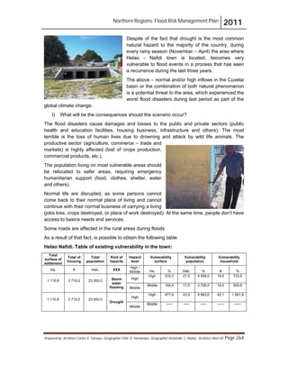 Northern Regions. Flood Risk Management Plan 2011
Prepared by: Architect Carlos V. Tamayo, Geographer Félix D. Hernández, Geographer Armando C. Muñiz , Architect Abel Gil Page 264
Despite of the fact that drought is the most common
natural hazard to the majority of the country, during
every rainy season (November – April) the area where
Helao - Nafidi town is located, becomes very
vulnerable to flood events in a process that has seen
a recurrence during the last three years.
The above – normal and/or high inflows in the Cuvelai
basin or the combination of both natural phenomenon
is a potential threat to the area, which experienced the
worst flood disasters during last period as part of the
global climate change.
l) What will be the consequences should the scenario occur?
The flood disasters cause damages and losses to the public and private sectors (public
health and education facilities, housing business, infrastructure and others). The most
terrible is the loss of human lives due to drowning and attack by wild life animals. The
productive sector (agriculture, commerce – trade and
markets) is highly affected (lost of crops production,
commercial products, etc.).
The population living on most vulnerable areas should
be relocated to safer areas, requiring emergency
humanitarian support (food, clothes, shelter, water
and others).
Normal life are disrupted, as some persons cannot
come back to their normal place of living and cannot
continue with their normal business of carrying a living
(jobs loss, crops destroyed, or place of work destroyed). At the same time, people don’t have
access to basics needs and services.
Some roads are affected in the rural areas during floods.
As a result of that fact, is possible to obtain the following table:
Helao Nafidi. Table of existing vulnerability in the town:
Total
surface of
settlement
Total of
housing
Total
population
Kind of
hazards
Hazard
level
Vulnerability
surface
Vulnerability
population
Vulnerability
household
Ha. # Hab. XXX
High /
Middle Ha. % Hab. % # %
1 110,8 3 710,0 23 000,0 Storm
water
flooding
High
High 233,3 21,0 4 508,0 19,6 723,5
Middle
Middle 194,4 17,5 3 795,0 16,5 593,6
1 110,8 3 710,0 23 000,0
Drought
High
High 477,6 43,0 9 683,0 42,1 1 561,9
Middle
Middle ----- ----- ----- ------ ------
 