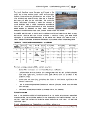 Northern Regions. Flood Risk Management Plan 2011
Prepared by: Architect Carlos V. Tamayo, Geographer Félix D. Hernández, Geographer Armando C. Muñiz , Architect Abel Gil Page 310
The flood disasters cause damages and losses to the
public and private sectors (public health and education
facilities, housing business, infrastructure and others). The
most terrible is the loss of human lives due to drowning
and attack by wild life and crocodiles. The productive
sector (agriculture, commerce – trade and markets) is
highly affected (lost of crops production, commercial
products, etc.). The population living on most vulnerable
areas should be relocated to safer areas, requiring
emergency humanitarian support (food, clothes, shelter, water and others).
Normal life are disrupted, as some persons cannot come back to their normal place of living
and cannot continue with their normal business of carrying a living (jobs loss, crops
destroyed, or place of work destroyed). At the same time, people don’t have access to
basics needs and services. As a result of that fact, is possible to obtain the following table:
OKAHAO. Table of existing vulnerability in the town:
Total
surface of
settlement
Total of
housing
Total
population
Kind of
hazards
Hazard
level
Vulnerability
surface
Vulnerability
population
Vulnerability
household
Ha. # Hab. XXX
High /
Middle
Ha. % Hab. % # %
309 398 7000 Storm
water
flooding
High
45 14,2 770,0 11,0 39,0 9,8
Middle
43,3 14 281,0 4,0 52 13,0
309 398 7000
Drought
High
263 85 5740,0 82 318 80
Middle
----- ------ ------ ------ ------ -----
The main consequences should the scenario occur are:
- Some of the businesses and commercial buildings are flooded.
- Contamination of the superficial and underground water due the overflow of some
wells and septic tanks, located in some parts of the town and overflow of the
oxidation ponds.
- Some roads are interrupting, preventing the access to some areas, especially to the
informal settlements.
- Lack of accessibility to some basics social services (schools, clinics, food and other
basic services).
- Relocation of affected population to the safer places into the town.
Population at risk
Most of the population residing in Okahao town is at risk during a flood event, especially
those living near the flood prone areas (informal settlements, and low lying areas). There is
not exact idea of the total amount of people at risk, but could be more than 1 100 Hab. (the
15% of the town).
Specific vulnerable people: Disabled persons, children, old persons.
 