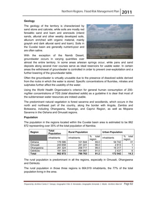 Northern Regions. Flood Risk Management Plan 2011
Prepared by: Architect Carlos V. Tamayo, Geographer Félix D. Hernández, Geographer Armando C. Muñiz , Architect Abel Gil Page 82
Geology
The geology of the territory is characterized by
sand stone and calcrete, while soils are mostly red
fersialitic sand and loam and arenosols (inland
sands, alluvial and other weakly developed soils,
alluvium enriched with organic material, mainly
grayish and dark alluvial sand and loam). Soils in
the Cuvelai basin are generally nutrient-poor and
are often saline.
With the exception of the Namib Desert,
groundwater occurs in varying quantities over
almost the entire territory. In some areas artesian springs occur, while pans and sand
deposits along several river courses serve as ideal reservoirs for usable water. In certain
areas the withdrawal of groundwater is controlled in order to prevent over-exploitation and a
further lowering of the groundwater table.
Often the groundwater is virtually unusable due to the presence of dissolved solids derived
from the rocks in which the water is stored. Specific concentrations of fluorides, nitrates and
sulphates further affect the usability of the water.
Using the World Health Organization’s criterion for general human consumption of 200-
mg/liter concentrations of TDS (total dissolved solids) as a guideline it is clear that most of
the subterranean water resources are indeed usable.
The predominant natural vegetation is forest savanna and woodlands, which occurs in the
north and northeast part of the country, along the border with Angola, Zambia and
Botswana, including Ohangwena, Kavango, and Caprivi Region, as well as Mopane
Savanna in the Oshana and Omusati regions.
Population
The population in the regions located within the Cuvelai basin area is estimated to be 862
872 representing over 35% of the total population of Namibia.
Region
Total
Population
Rural Population Urban Population
inhabitants inhabitants
% total
region
inhabitants
% total
region
Oshana 176 586 121 844 69.0 54 742 31
Omusati 243 658 241 221 99.0 2 613 1
Ohangwena 261 324 258 711 99.0 16 317 1
Oshikoto 181 304 164 987 91.0 2 437 6
Total 862 872 786 763 91.2 172 542 14.3
The rural population is predominant in all the regions, especially in Omusati, Ohangwena
and Oshikoto.
The rural population in those three regions is 664,919 inhabitants, the 77% of the total
population living in the area.
 