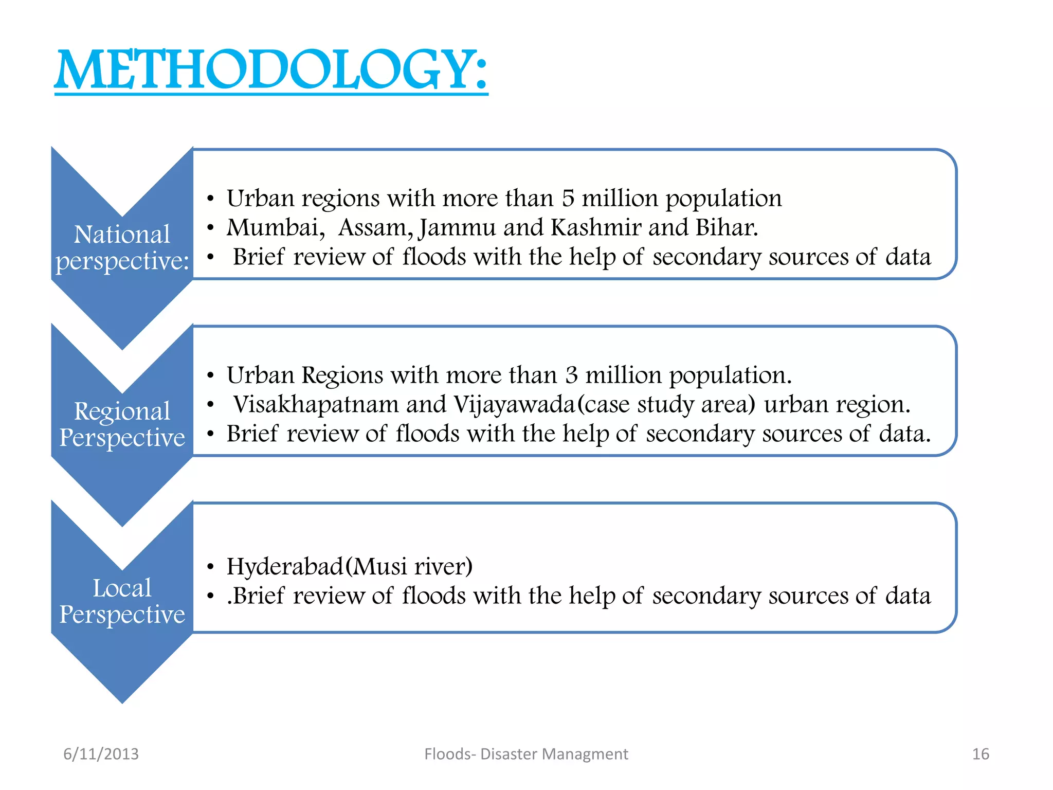 6/11/2013 16Floods- Disaster Managment
National
perspective:
• Urban regions with more than 5 million population
• Mumbai, Assam, Jammu and Kashmir and Bihar.
• Brief review of floods with the help of secondary sources of data
Regional
Perspective
• Urban Regions with more than 3 million population.
• Visakhapatnam and Vijayawada(case study area) urban region.
• Brief review of floods with the help of secondary sources of data.
Local
Perspective
• Hyderabad(Musi river)
• .Brief review of floods with the help of secondary sources of data
METHODOLOGY:
 