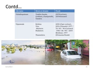 Contd…
City name Rivers or streams Floods
Vishakhapatnam Visakha Sarada,
Gosthani, Champavathi,
Tandava
2005(cyclone),
2004(tsunami)
Vijayawada Krishna
Vira,
Munneru
Budameru
Thammileru
2006 (Ogni cyclone),
2004 (Tsunami) 1977 /
78 /90 / 96 (Cyclones)
1983/ 86 /98 / 2005
(Krishna), 1977
(Diviseema Floods)
6/11/2013 31
 